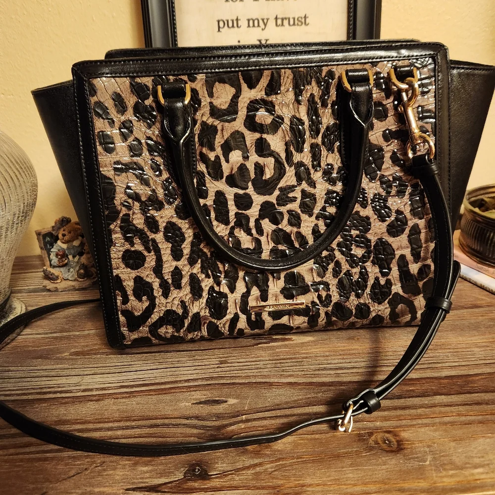 Elegant Brahmin Aubree Snow Leopard Print Croco Embossed Leather Satchel  EUC - Picture 2 of 6